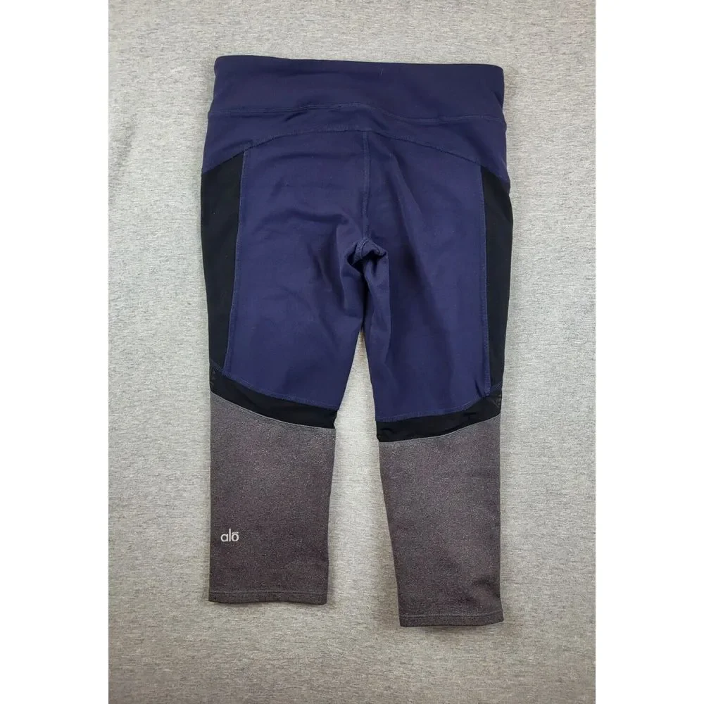 alo Yoga Curvature Capri Cropped Leggings S Navy Blue & Grey‎ Black Mesh Inset